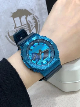 Цифровые Спортивные кварцевые мужские часы 2100 со светодиодным циферблатом из сплава, Полнофункциональное Мировое время, Винтажная Синяя Серия GM Oak