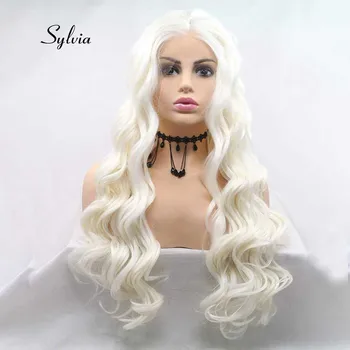 Sylvia 60 # Цветные Синтетические Длинные Белые Вьющиеся Парики на кружеве Спереди Для женщин, волосы из Термостойкого волокна Средней части