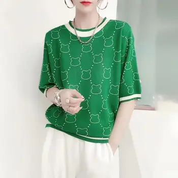 Женский свитер из тонкого ледяного шелка, футболка с коротким рукавом, весенне-летний новый французский шикарный зеленый Свободный топ для женщин