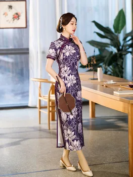 Yourqipao Летнее Длинное Тонкое Шелковое Фиолетовое Платье Ципао для Подиума и Банкета, Элегантное Модное Вечернее Платье Ципао в Китайском Стиле для Женщин