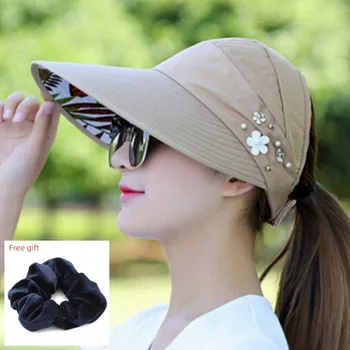 2023 Летние Шляпы Для Женщин, Складная Солнцезащитная Шляпа С Длинными Полями, Жемчужный Цветок, Солнцезащитный Козырек, Гибкая Кепка, Женская Уличная Повседневная Бейсболка