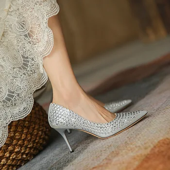 Осенние новые свадебные туфли на высоком каблуке-шпильке с украшением в виде кристаллов, со стразами, с острым носком, для банкета, пикантная универсальная женская обувь