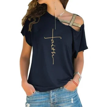 Новое поступление, Топ, футболка с буквенным принтом Faith, Футболка для женщин, Летняя Свободная Повседневная Женская футболка с открытыми плечами и коротким рукавом