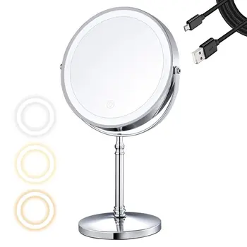 Зеркало для макияжа с подсветкой, 1X / 10X Увеличительное зеркало для туалетного столика со светодиодной подсветкой, Хромированное 3-цветное зеркало для макияжа с регулируемой яркостью, 360 градусов