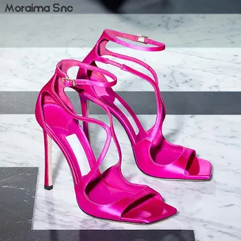 Розово-красные атласные сандалии с перекрестным ремешком, Летний ремень, Таро, Фиолетовые Сексуальные сандалии на высоком каблуке-шпильке, Темперамент, Элегантная женская обувь