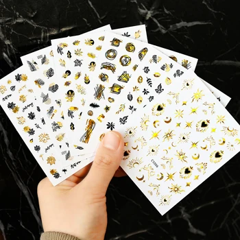 Набор 3D наклеек для ногтей с черными листьями и цветами, наклейки с геометрией листьев Тропических растений, Бронзовый слайдер с изображением Солнца и Луны для украшения ногтей