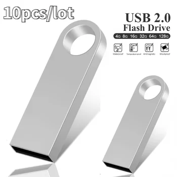 10ШТ Бесплатный Пользовательский логотип USB Флэш-накопитель 4 ГБ 8 ГБ 2,0 Высокоскоростной флеш-накопитель 16 ГБ 32 ГБ 64 ГБ Флешки металлические USB-накопители с брелоком для ключей