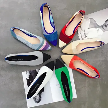 Новая брендовая обувь, женские балетки на плоской подошве, женские трикотажные разноцветные туфли с острым носком, удобные дышащие слипоны для дам