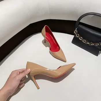 Модная женская обувь на высоком каблуке с острым носком на шпильке красного цвета для ночного клуба, Модная Сексуальная женская обувь на высоком каблуке с красным низом, Офисные туфли на высоком каблуке