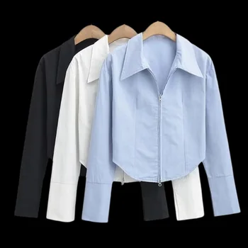Рубашка с двойной молнией, женская короткая рубашка с лацканами, женская одежда, женские модные блузки с длинным рукавом, рубашки