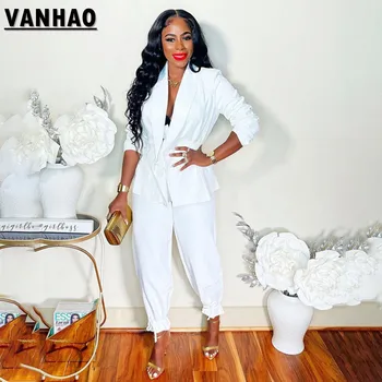 VANHAO 2023, Однотонный Бандажный Блейзер с длинным рукавом и Повседневные брюки, комплект из двух Предметов для Женщин, одинаковые комплекты, Оптовая продажа, Дропшиппинг