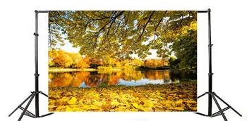 Фон для фотосъемки: Осень, золотые листья, река, деревья, голубое небо, белые облака, природа