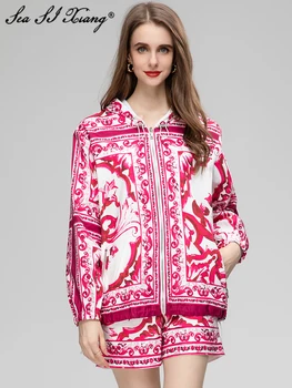 Seasixiang, модный дизайнерский повседневный костюм ранней осени, Женская куртка с капюшоном и карманами с длинным рукавом + Шорты, Красный комплект из двух предметов с принтом