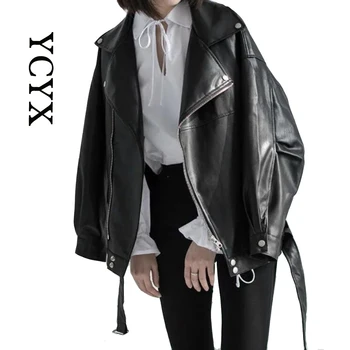 YCYX Женская Одежда, Куртка на молнии, Черные Куртки из Искусственной Кожи, Женские Куртки с Поясом, Оверсайз, Корейская Свободная Мотоциклетная Искусственная Кожа