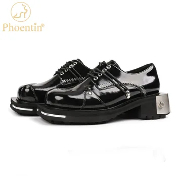 Phoentin / 2023, Весенняя новинка, женские оксфорды с металлическим носком на шнуровке, туфли-лодочки на не сужающемся книзу массивном каблуке, черные туфли в стиле панк, размер 43, повседневная обувь в стиле ретро FT2158