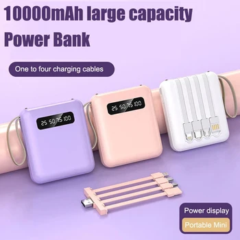 Портативный мини-банк питания емкостью 10000 мАч, быстрое зарядное устройство с 4 кабелями, внешний аккумулятор для iPhone 14 13 Xiaomi Samsung Powerbank