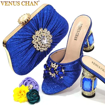 Венера Чан 2022, Горный хрусталь, Модные женские туфли синего цвета в африканском стиле на высоком каблуке, комплект вечерних туфель и сумок, Летняя свадебная женская обувь