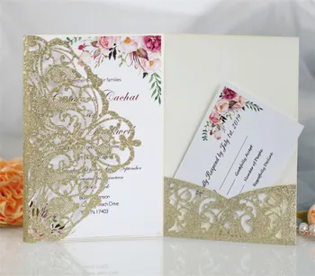 Блестящий карманный пригласительный цветок, лазерные свадебные открытки, приглашения, трехстворчатая персонализированная печать, 50 комплектов
