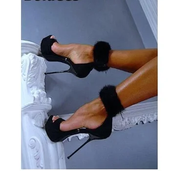 Новые дизайнерские черные замшевые модельные туфли с оберткой из искусственного меха на шпильке, женские сандалии, летняя обувь на платформе с застежкой-молнией