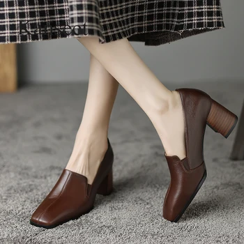 Kanseet/Обувь из натуральной кожи, новинка 2023 года, весенние женские туфли-лодочки с квадратным носком, лаконичная офисная женская обувь ручной работы на высоком каблуке, коричневый 40