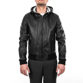 Мужская куртка-бомбер из мягкой натуральной кожи с капюшоном, Цвет черный, Кожаная куртка, Мужская одежда