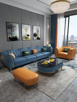 Легкий роскошный кожаный диван для гостиной, современная простая мебель для небольшого дома в американском стиле ретро, высококачественная мебель в вертикальном сочетании