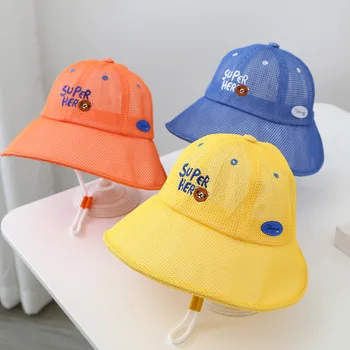 Детская Сетчатая шляпа, летняя Дышащая Солнцезащитная кепка для мальчиков и девочек, Мультяшные Шляпы с большими карнизами, Пляжные детские Рыбацкие кепки