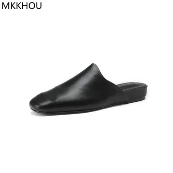 MKKHOU/ модная обувь Muller, Новые высококачественные тапочки из воловьей кожи с золотой пряжкой, Удобные тапочки на плоской подошве, простые домашние тапочки на каждый день